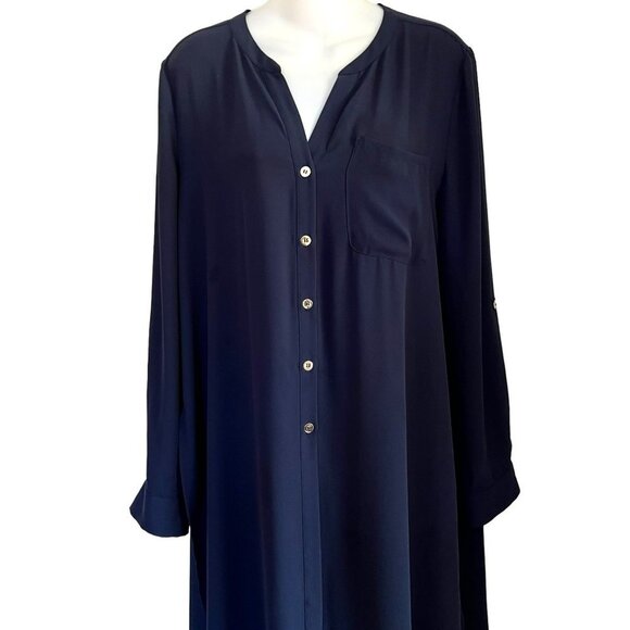 CHICOS SIZE 1 8/10 SEMI-SHEER NAVY BLUE OPEN SIDED TUNIC BLOUSE - Picture 3 of 10